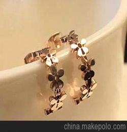 日韓精品 鍍14K玫瑰金鈦鋼菊花耳釘耳環(huán)女款時尚飾品耳飾