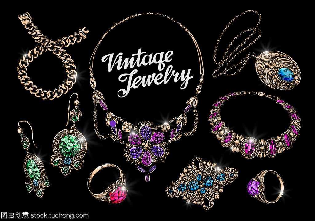 寶石的復(fù)古首飾。珠寶首飾。首飾店。手繪的黃金和白銀矢量圖