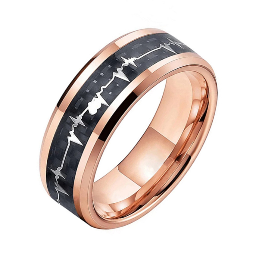 2022亞馬遜鎢鋼戒指玫瑰金鑲嵌黑底銀心電圖戒指男士戒指首飾廠